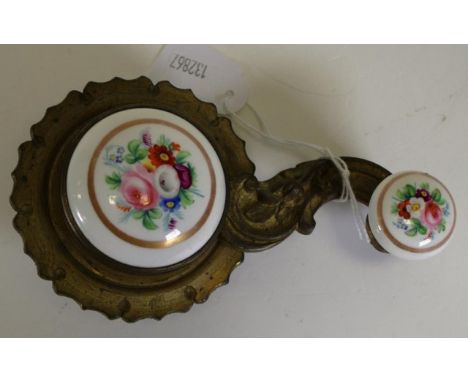 Vintage hand painted ceramic &amp; brass servant pager hand painted blossom decoration on ceramic disc and handle, brass mech