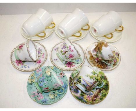 Five Shelley tea cups and saucers to include Melody, Woodland, Heather and Stocks, together with 6 Minton cups and 3 saucers