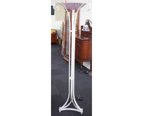 Wrought iron standard lamp with glass dish shade, 178cm high