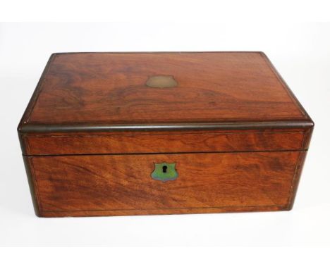 Vintage wood writing slope brass bound, (some losses), with fitted interior, including 1 original brass capped inkwell, (leng