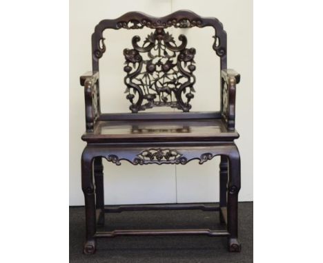 Antique Chinese carved rosewood chair circa early 20th century, the central back panel depicting a deer and Chinese character