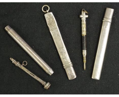 Collection five vintage sterling silver pencils each  with decorative handles, (length 9cm approx, average).