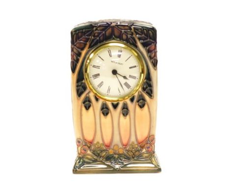 Moorcroft pottery pink cluny mantle clock. Quartz movement, 16cm high.