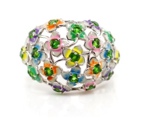 Enamel and green garnet sterling silver ring approx ring size N