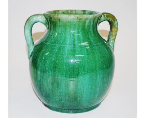 Vintage John Campbell Australian pottery vase green glaze, dual handles, inscribed to base and 2LH/1934, (height 20cm approx)