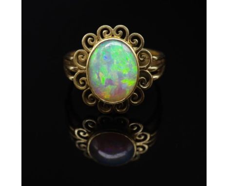 14ct yellow gold and opal ring marked 585 vs. Approx weight 5.88 grams, ring size Q. With valuation