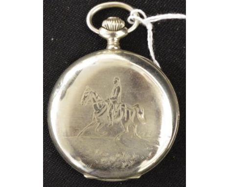 Vintage chrome cased pocket watch marked 'Zenith' to dial, with chrome case decorated with engraved image of a horse and ride