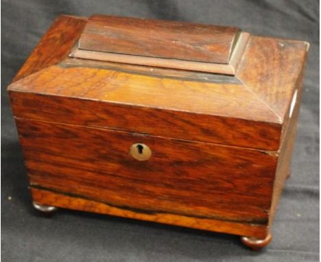 Vintage sarcophagus form tea caddy dome lid, opening to fitted interior, with 2 lidded compartments, with remnants of silver 