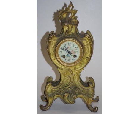 Antique French ormolu mantle clock with 8 day striking movement and hand painted porcelain dial, no key or pendulum, 39cm hig