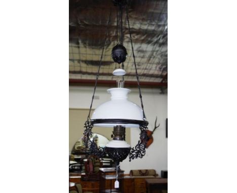 Vintage ceramic hanging fuel ceiling lamp white ceramic shade and font, fitted with a glass funnel for fuel operation,  decor