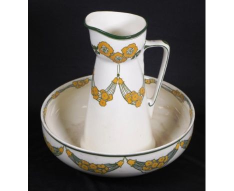 Vintage two piece Royal Doulton toilet set including water jug and wash basin, yellow blossom decoration, marked to base and 