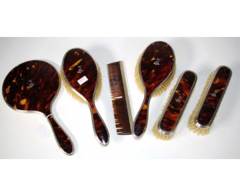 Sterling silver &amp; tortoiseshell dressing table set six pieces, hall marked Birmingham 1925, tortoiseshell decoration, mon