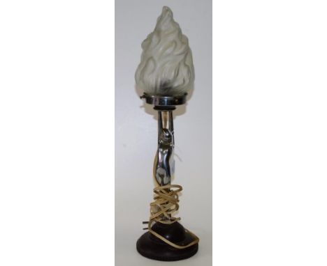 Art Deco chrome electric Standing Woman lamp Nude with arms outstretched, holding flamed white glass shade, on circular Bakel