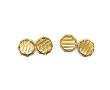 Early 20th C. yellow gold cufflinks with octagonal engine turned shields and acanthus borders marked 10kA, Approx weight 3.7 