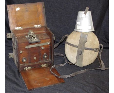 Vintage cased Morse Code dispatch box encased in wood box, with metal equipment marked 'CAV,' for C.A. Vandervell &amp; Co, L