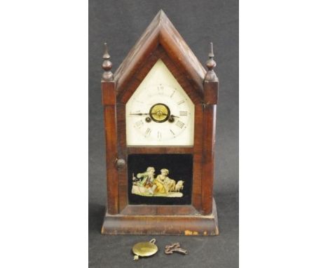 Antique Jerome wood cased mantle clock hand painted classical scene to front, key and pendulum available, (height 38cm approx