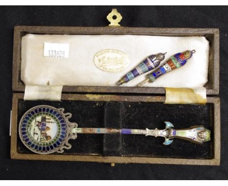 Good Egyptian cased silver &amp; enamel spoon spoon marked 800, decorated in enamel with scene of a Mosque, to enamel handle,