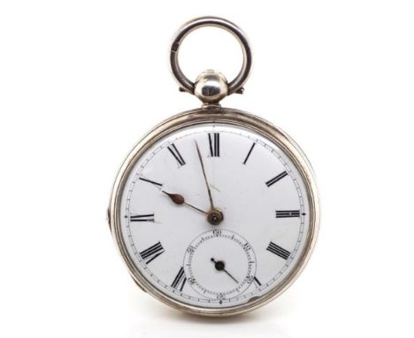 Sterling silver open face pocket watch with white enamel dial and black roman numerals, subsidiary second dial. Hallmarked Lo
