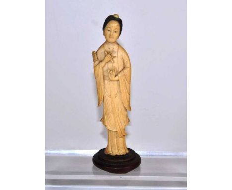Antique carved ivory figure of a Geisha with timber stand, 16cm high not including the stand, C:1900, NB This item cannot be 