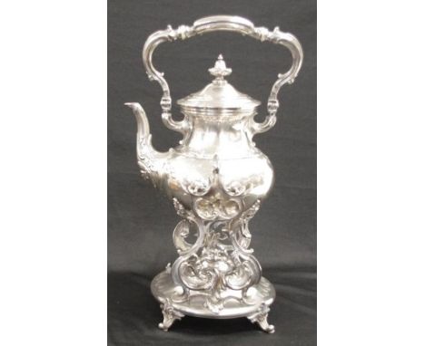 Good vintage silver plate kettle on stand engraved decoration to kettle, on decorated stand, with burner. (Height 50cm approx