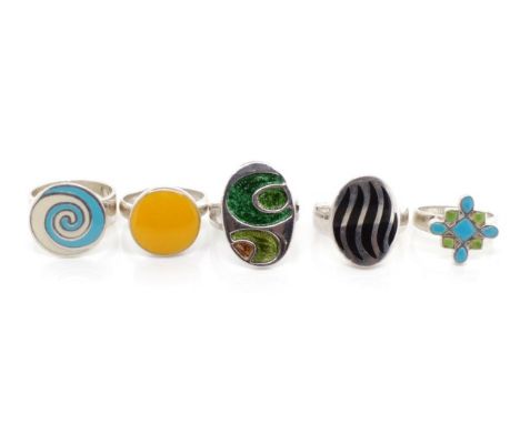 Five modern sterling silver and enamel rings all marked 925. Approx weight 32 grams total, ring sizes  N-Q