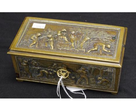 Vintage embossed brass jewel casket embossed figures decorated to lid and sides, lined interior, key available, (height 7cm, 