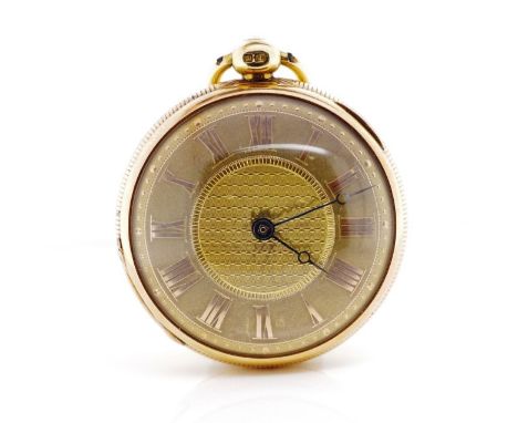 George IV 18ct yellow gold open faced pocket watch with an key wind fusee movement, engine turned dial and applied Roman nume