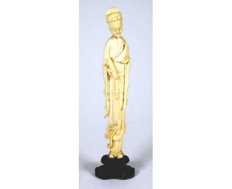 Chinese carved ivory figure of a Sage on carved wood base, circa 1930s. (Head restored). (Height 23cm approx, total). NB. Thi