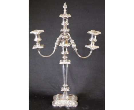 Vintage silver plate candelabra provision for 3 candles, on embossed decorated column, and base, (height 51cm approx).