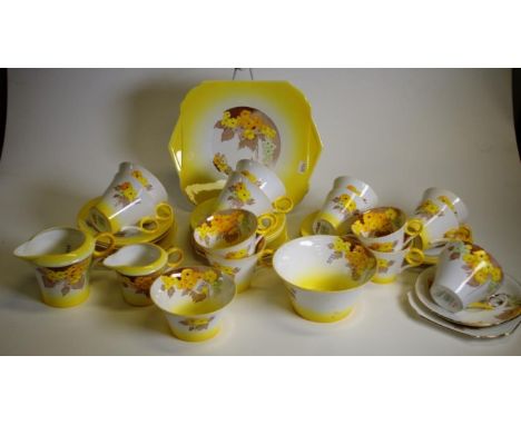 Thirty five piece Shelley 'Phlox' tea &amp; coffee set including 6 coffee cups, ( 3 with hairline cracks), and saucers, 6 tea