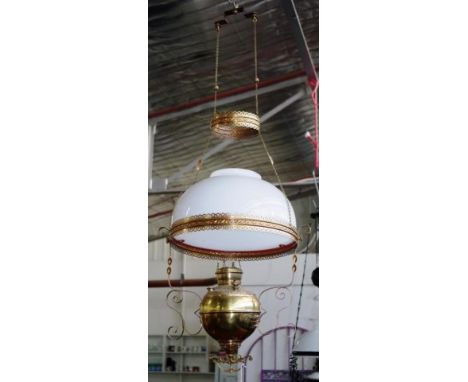 Vintage brass ceiling mounted  lamp brass font, burner and frame, white glass shade, originally fitted for fuel, now refitted