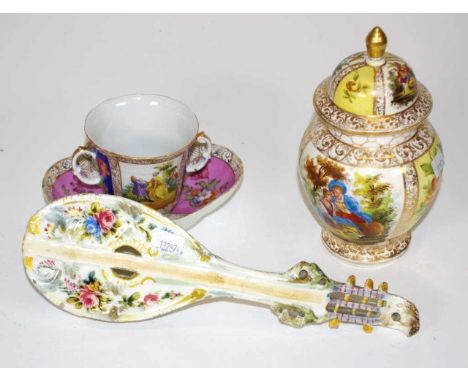 Three Dresden type pieces ceramic tableware including lidded vase, figures in a garden decoration, (hairline crack to body), 