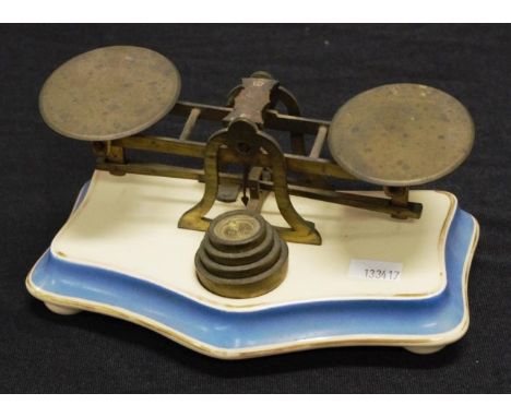 Vintage set ceramic &amp; brass postage scales brass scales, with 4 weights, set to cream and blue decorated ceramic base, (l