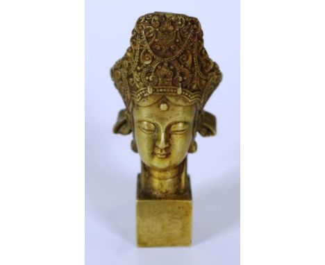 Good Chinese brass Buddha's head seal stamped and signed to back, height