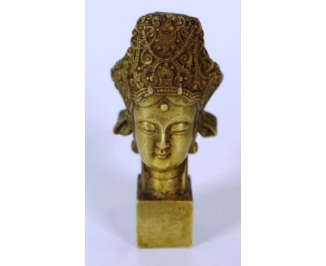 Good Chinese brass Buddha's head seal stamped and signed to back, height