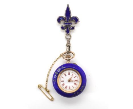 Antique enamel and 800 silver lapel watch with a silver gilt and enamelled floral case and a matched silver fleur de lis hang