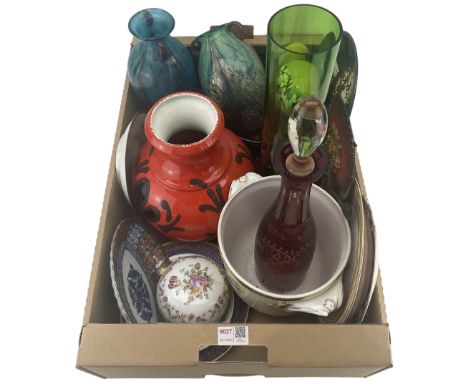 Ruby overlay glass decanter, two studio glass vases with aventurine decoration, West German vase etc in one box