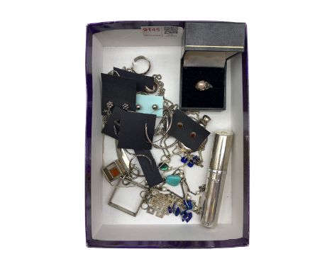 Silver jewellery and items, including a silver cased atomiser, silver earring, a cultured pearl ring, pendants and chains