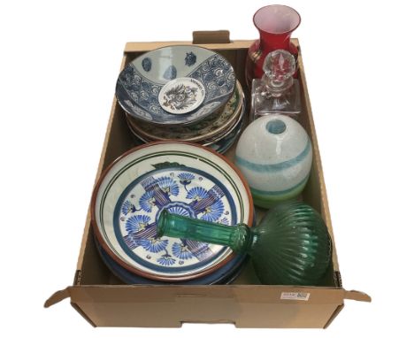 Carlton Ware plate, glass decanter, studio pottery etc in one box