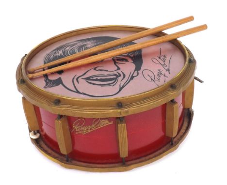 The Beatles - rare Selcol Ringo Starr snare drum, bearing Ringo's face to the top skin, red sparkle shell, with a pair of vin