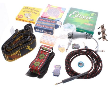 Selection of vintage and later guitar spares to include a pair of boxed Mullard EF86 amplifier valves, a Fender guitar strap,