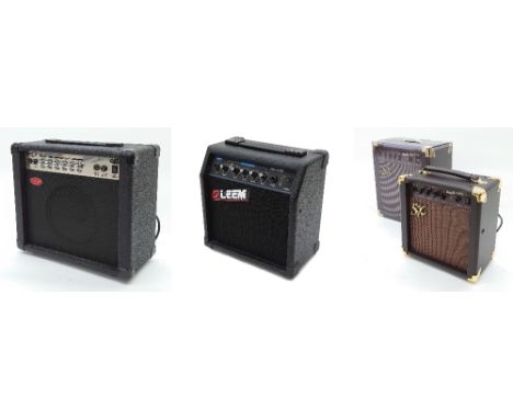 Three practice amplifiers to include an SX AGA-1065 10 watt amplifier, boxed, a Stagg CA-20B bass amplifier and a Leem GA-610