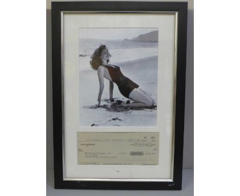 A framed photograph of Ava Gardener and a cheque with Ava Gardener signature, certificate of authenticity on reverse 