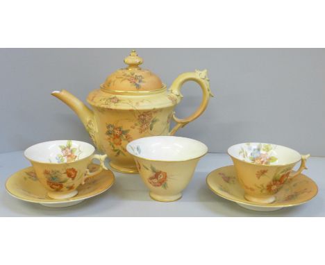 A Royal China Works Worcester blush ivory tea for two tea set, lacking cream jug 