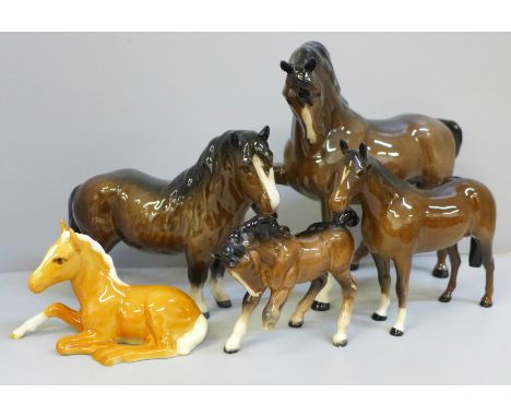 Four Beswick horses, one a/f and a Shetland Pony 