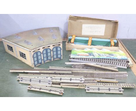 A tin plate model rail engine shed, Chad Valley Overhead Railway and track 