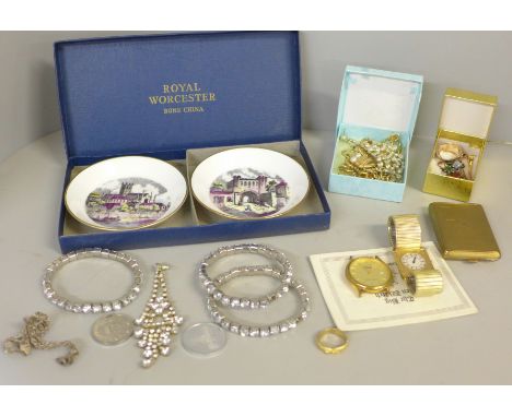 Two Royal Worcester trinket dishes; a collection of costume jewellery, a Big Ben watch, etc. 