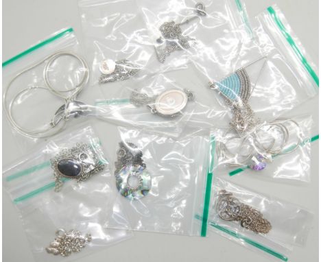 A silver bracelet, six silver pendants and chains including a small Georg Jensen St Christopher (enamel a/f), a silver chain 