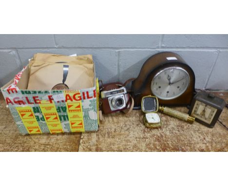 A Smiths mantel clock, a Bakelite clock, camera, travel clock, telescope and a box of 78rpm records **PLEASE NOTE THIS LOT IS