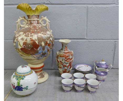 A Japanese Dragon ware Moriage tea set, Geisha, six cups, six saucers, teapot, milk and sugar pot, a ginger jar, large Satsum